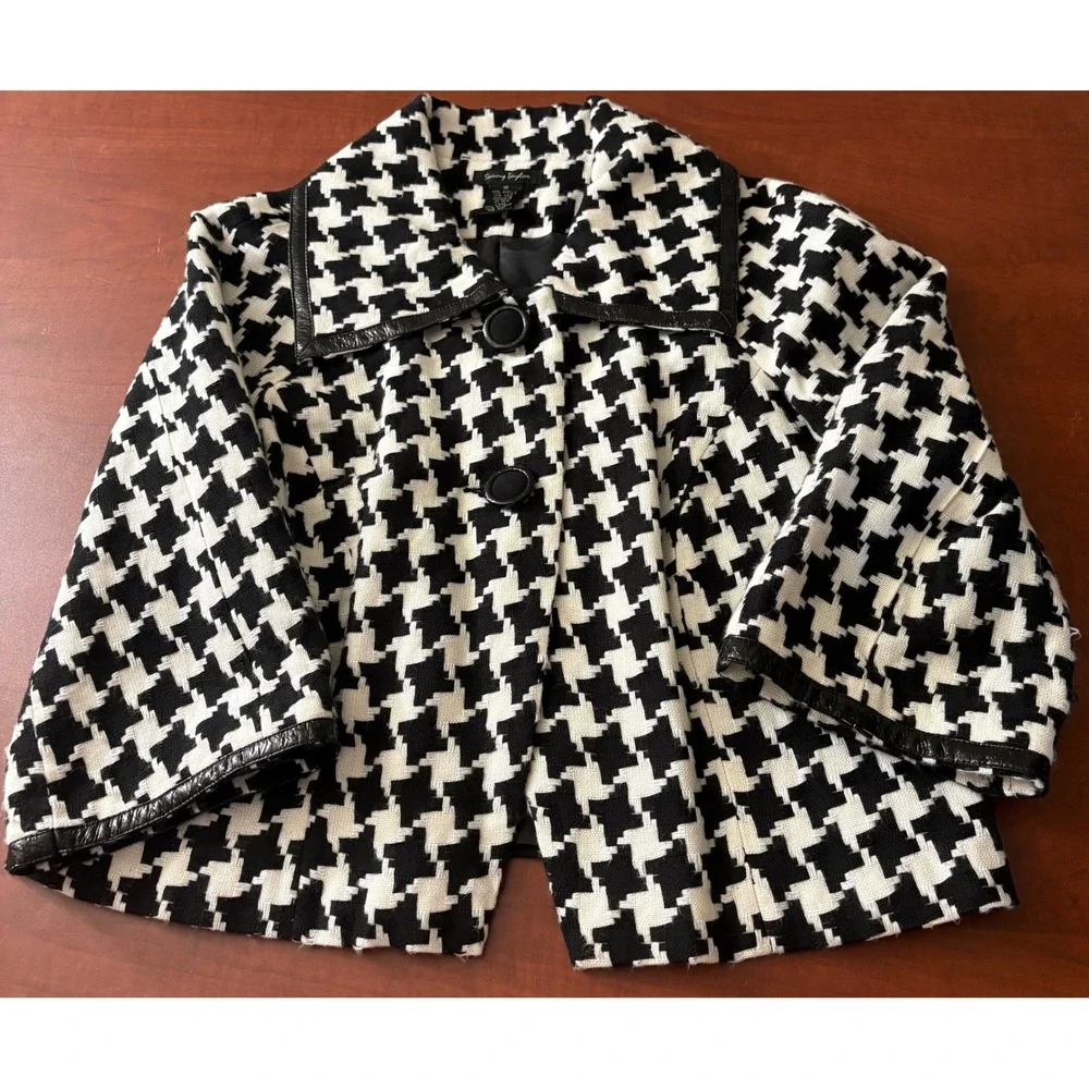 Sunny Taylor Womens Houndstooth Cropped Swing Jacket Black White Size 10 Trim - Picture 6 of 6